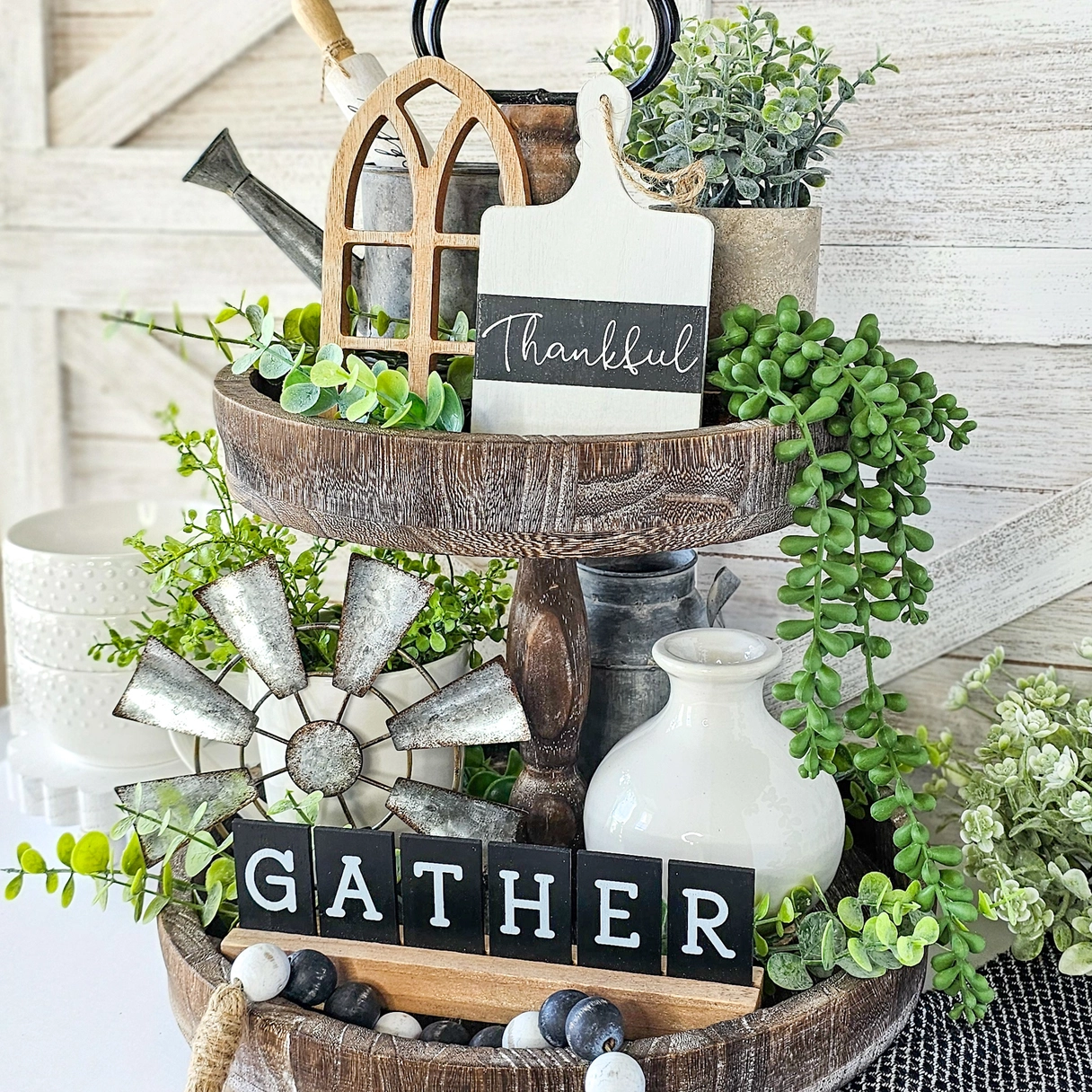 Gather and Thankful Farmhouse Tiered Tray Decor Set (13 Pieces) - 3