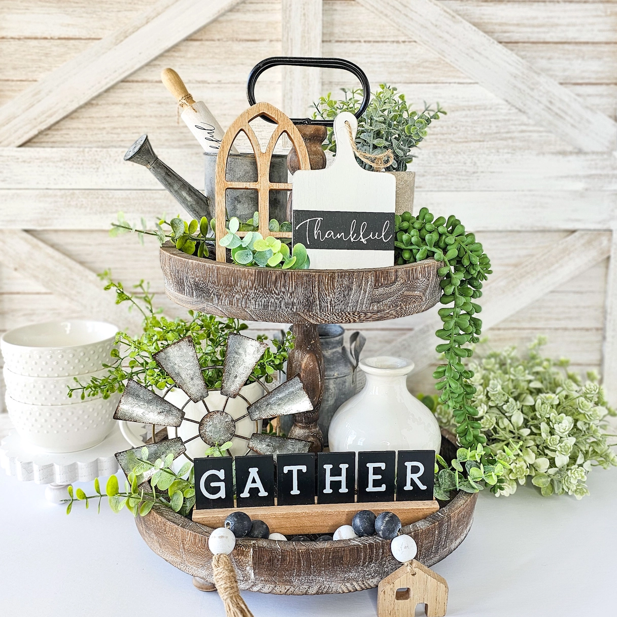 Gather and Thankful Farmhouse Tiered Tray Decor Set (13 Pieces) - 1