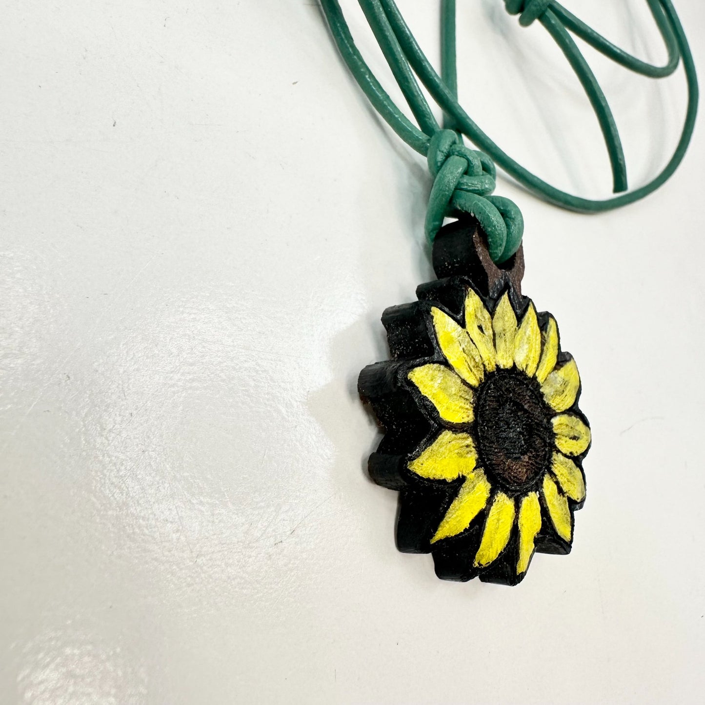 Handmade Walnut Sunflower Pendant with Leather Strap
