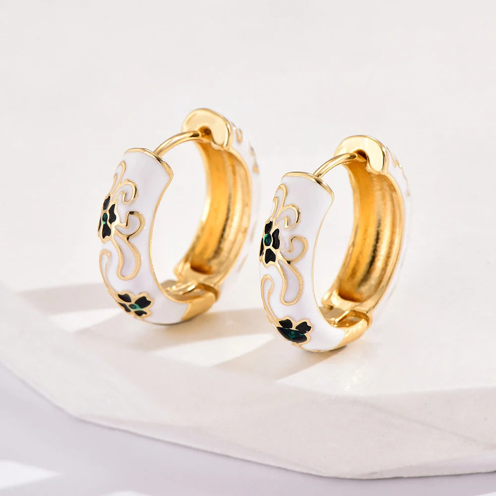 Vintage Enamel Huggie Earrings (White)