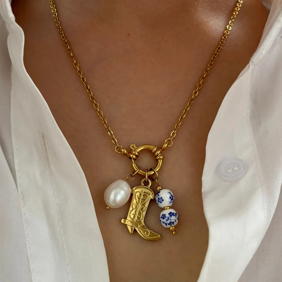Blue Boot Pearl Charm Necklace