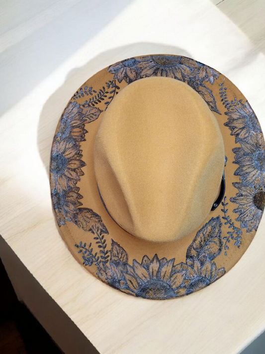 Burned Fedora Hat with Sunflowers - 1
