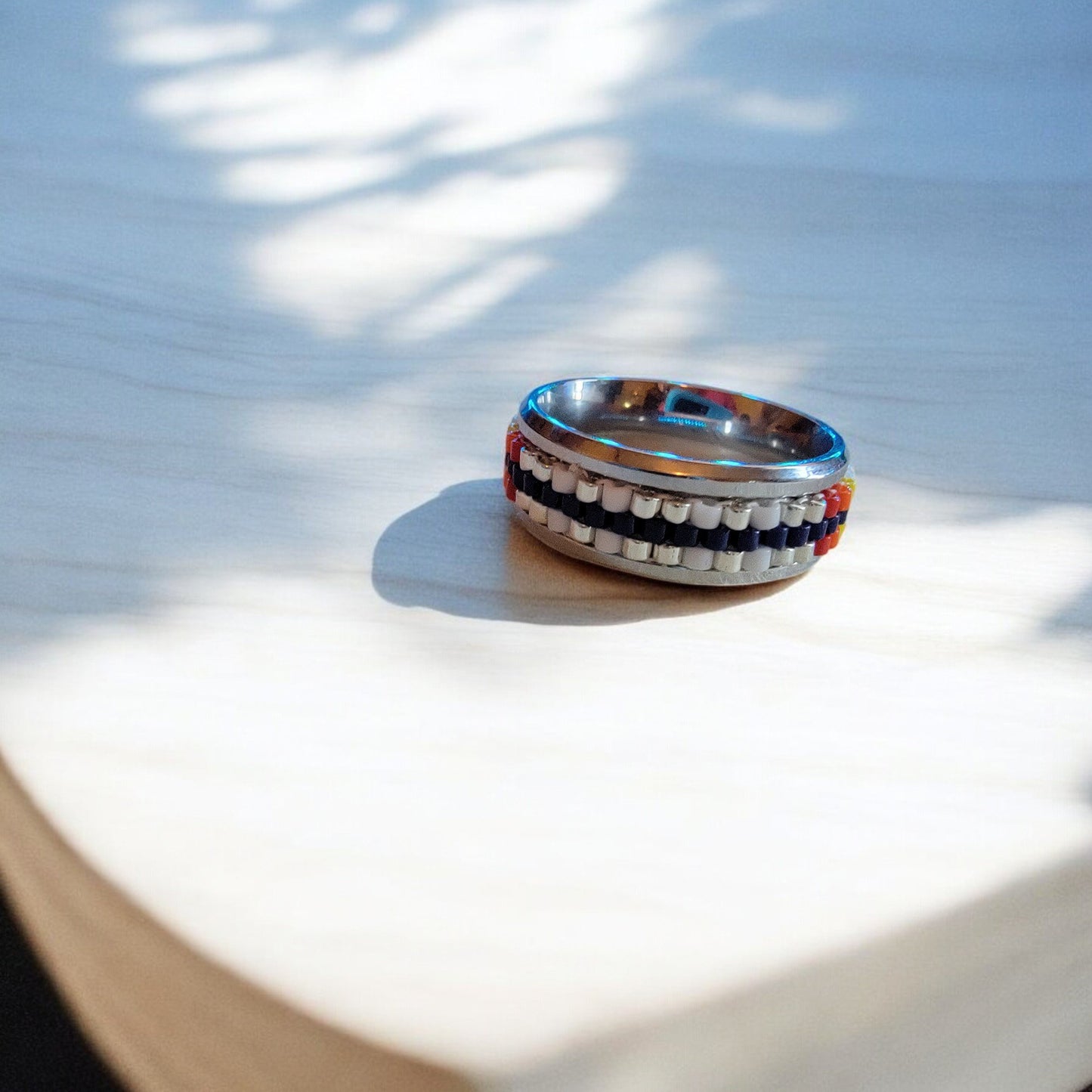 3 Row Beaded Ring in Stainless Steel Band (Pattern 3) - 4