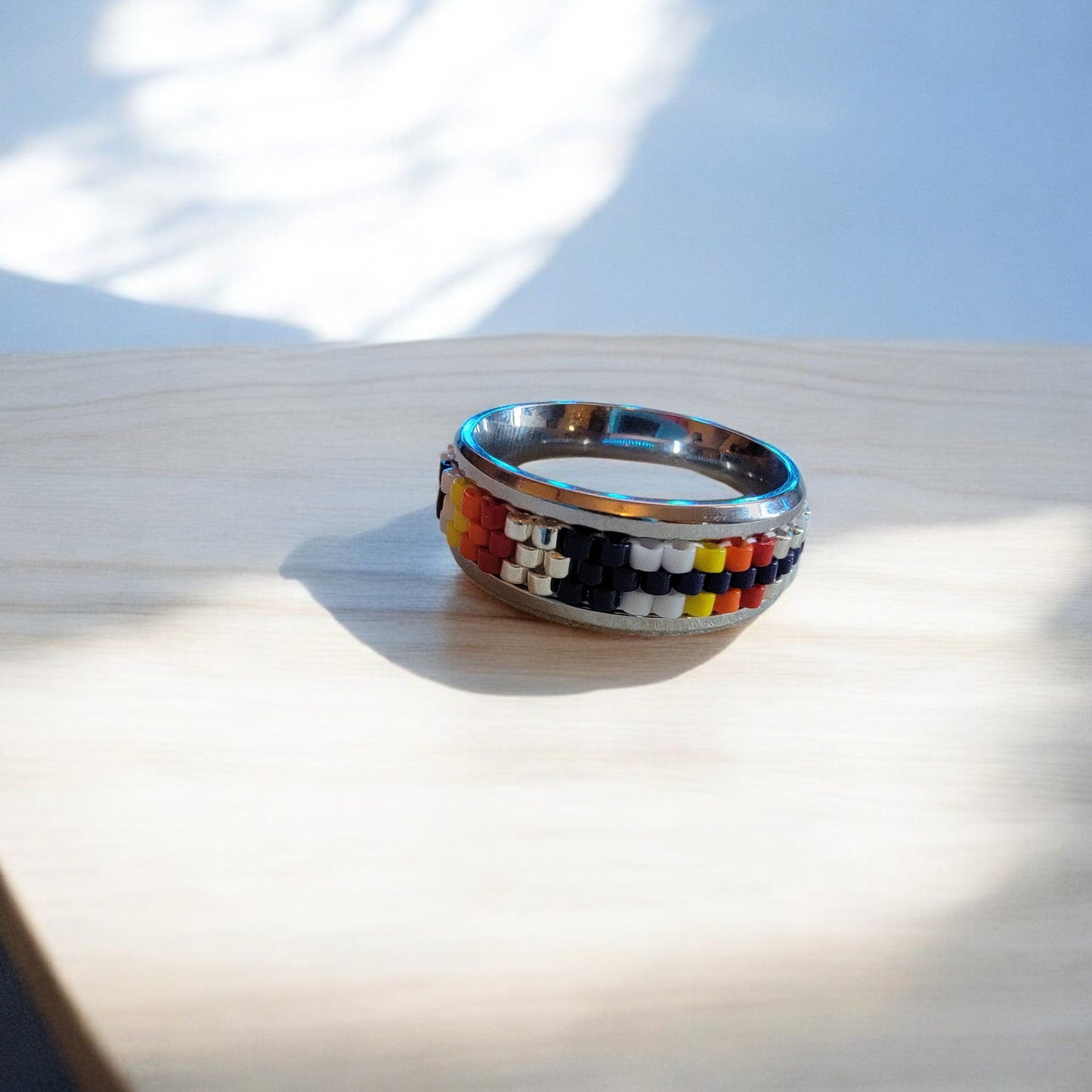 3 Row Beaded Ring in Stainless Steel Band (Pattern 3) - 6