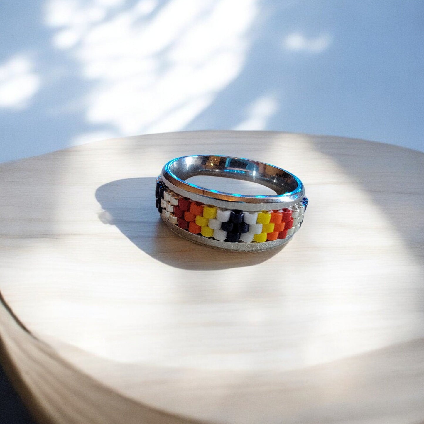 3 Row Beaded Ring in Stainless Steel Band (Pattern 3) - 1