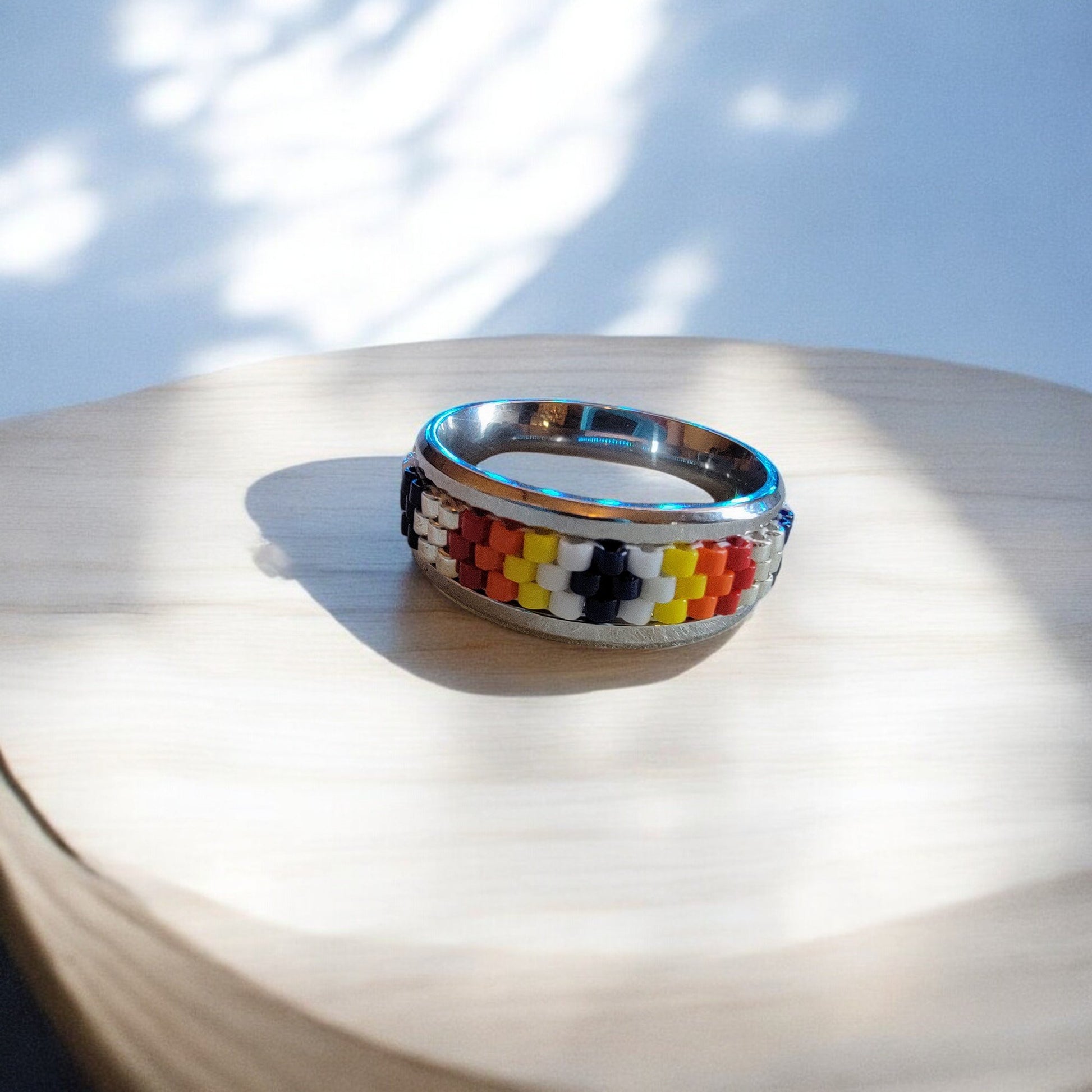 3 Row Beaded Ring in Stainless Steel Band (Pattern 3) - 1