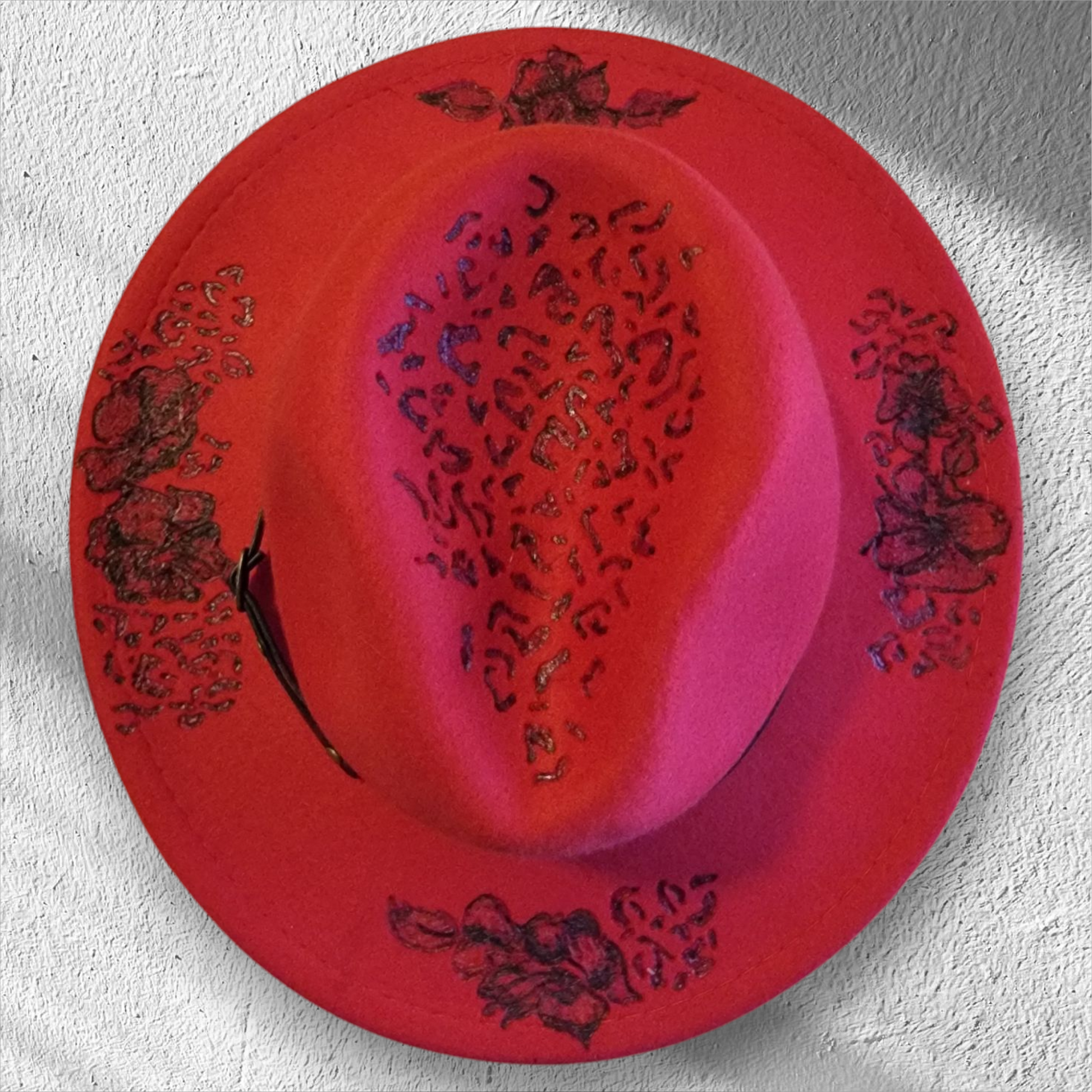 Burned Fedora Hat (Hibiscus and Leopard) - 1