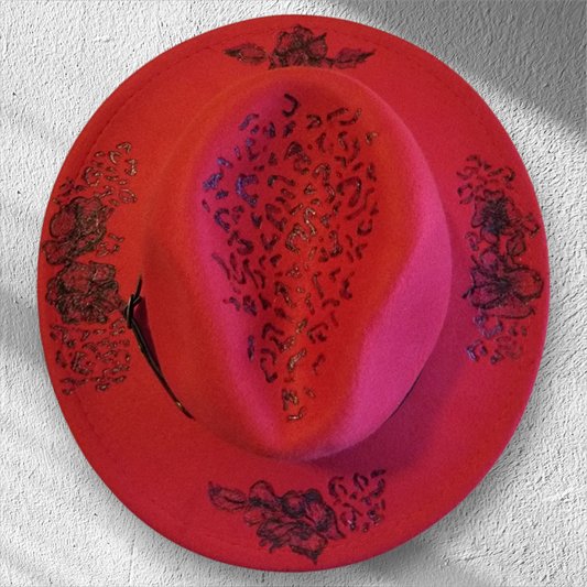 Burned Fedora Hat (Hibiscus and Leopard) - 1