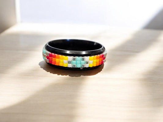 3 Row Beaded Ring on Stainless Steel Band (Pattern 1) - 1