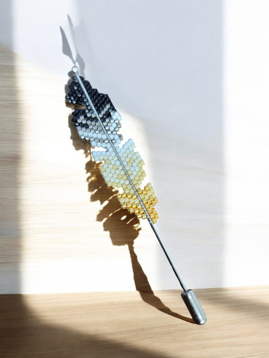 Black, Gold, and White Beaded Feather Hat Pin - 1