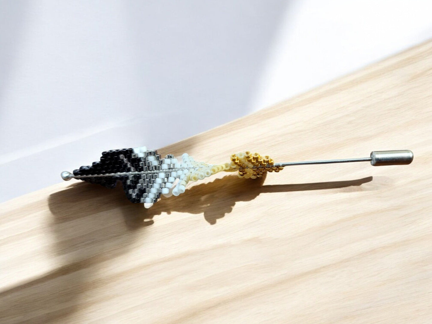 Black, Gold, and White Beaded Feather Hat Pin - 3