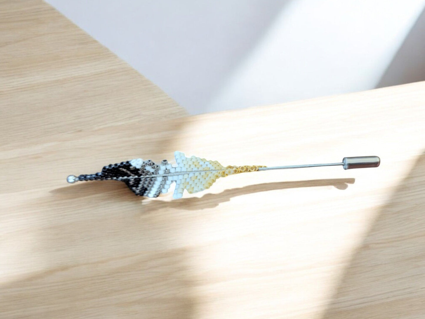 Black, Gold, and White Beaded Feather Hat Pin - 4