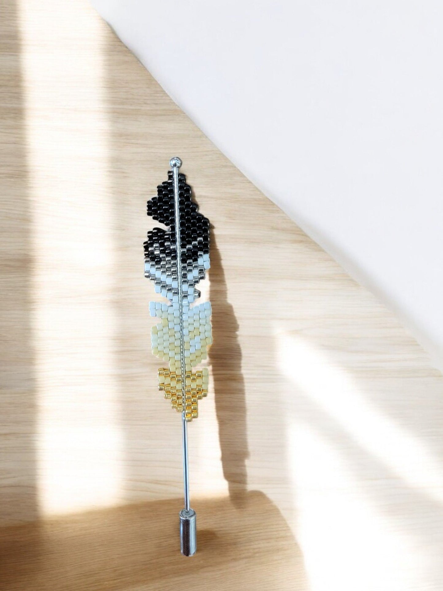 Black, Gold, and White Beaded Feather Hat Pin - 5