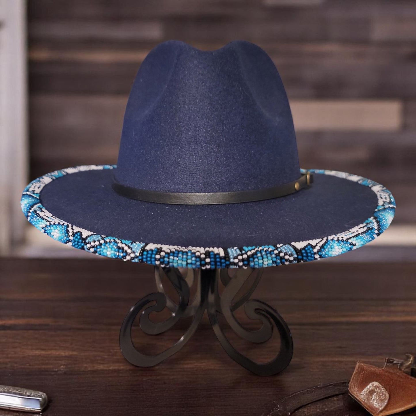 Beaded Brim Fedora-Navy