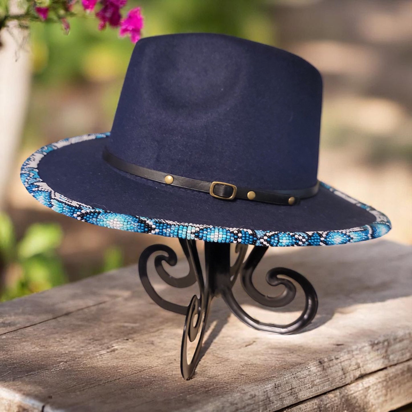 Beaded Brim Fedora-Navy