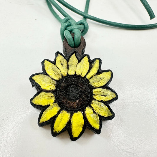 Handmade Walnut Sunflower Pendant with Leather Strap