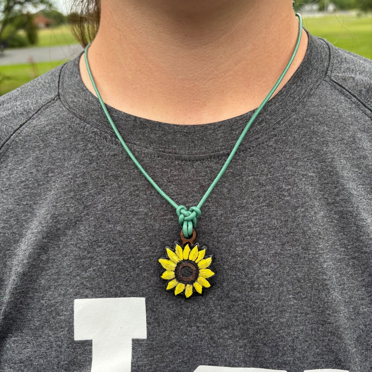 Handmade Walnut Sunflower Pendant with Leather Strap