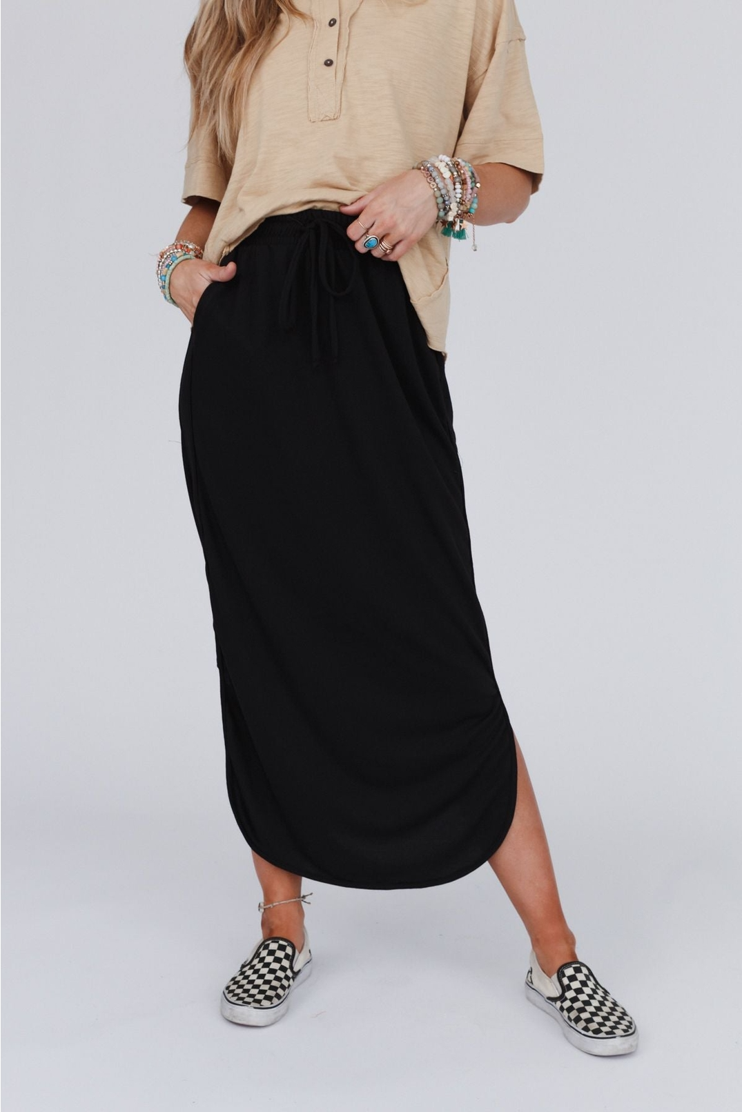 So Comfy Drawstring Maxi Skirt (Black) - Preorder