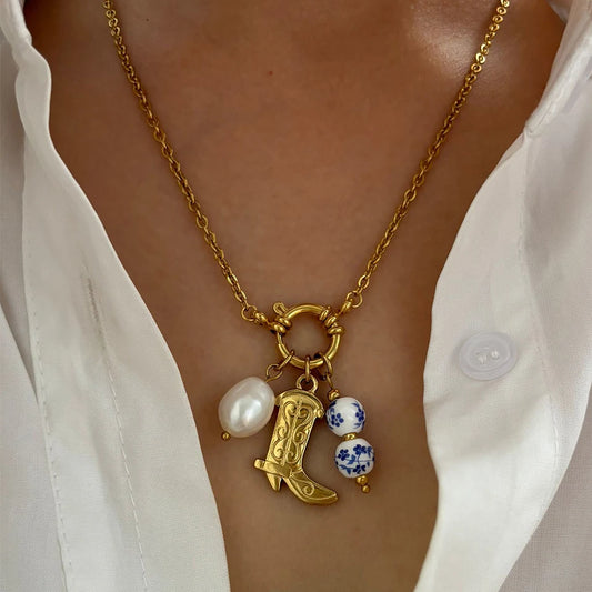 Blue Boot Pearl Charm Necklace