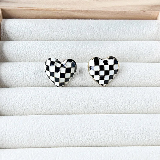 Black Checkered Heart Stud Earrings