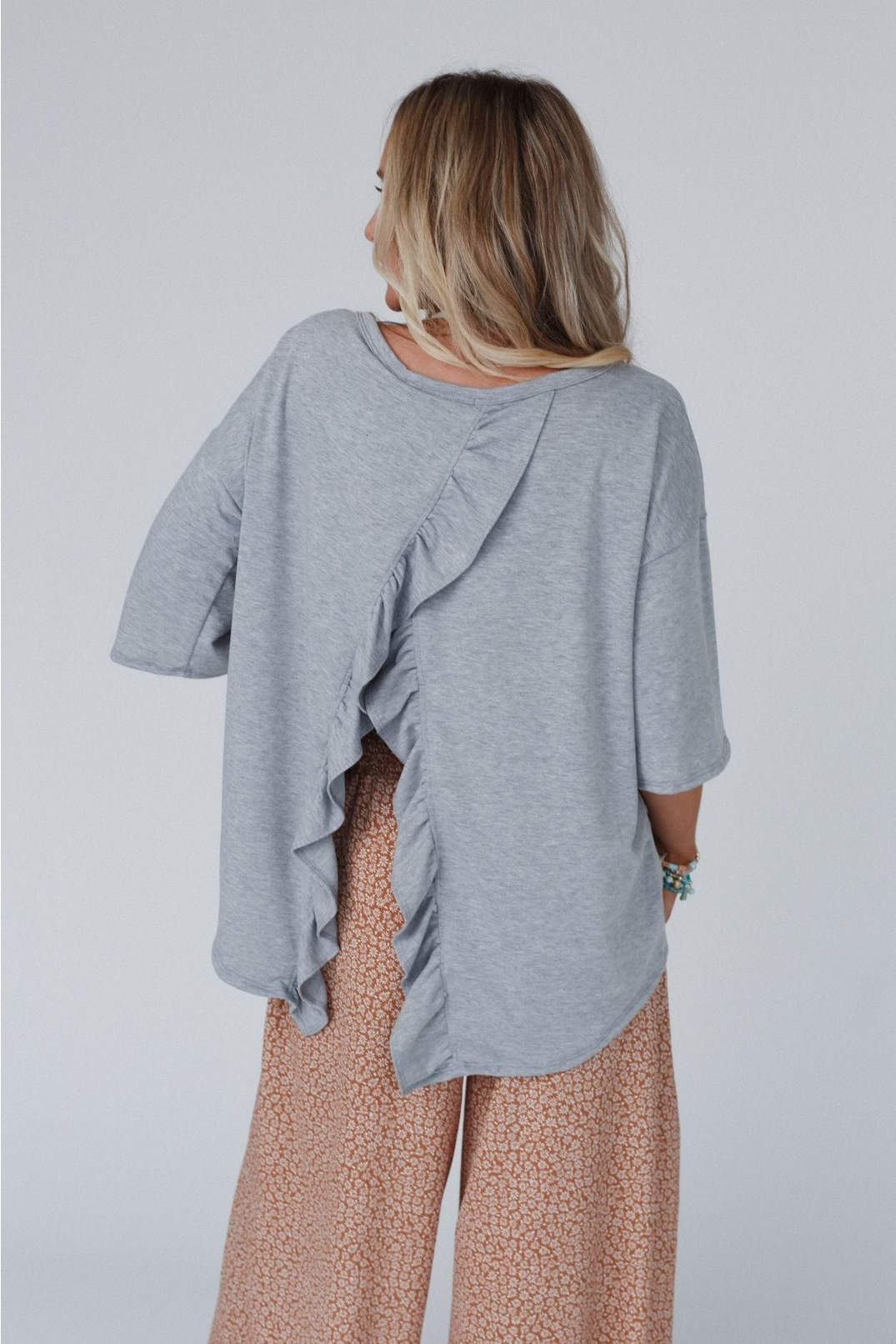 High Low Ruffle Back Tee (Heather Gray) - Preorder