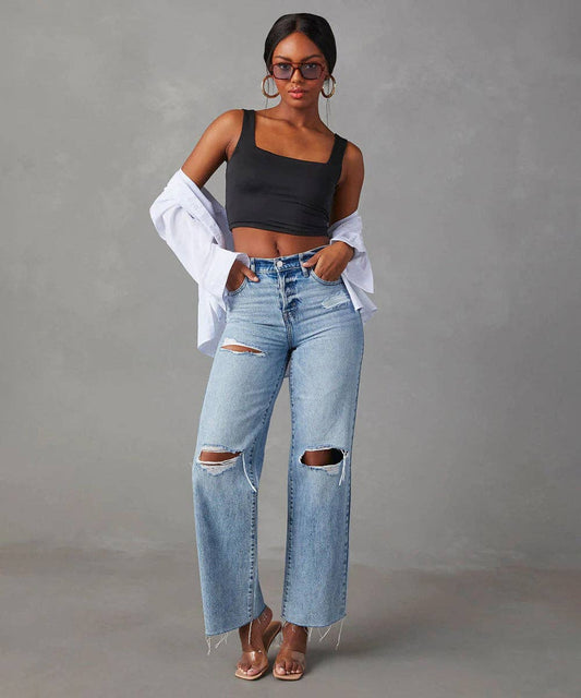 The Stella Straight (High-Waisted, Fringed) Jeans